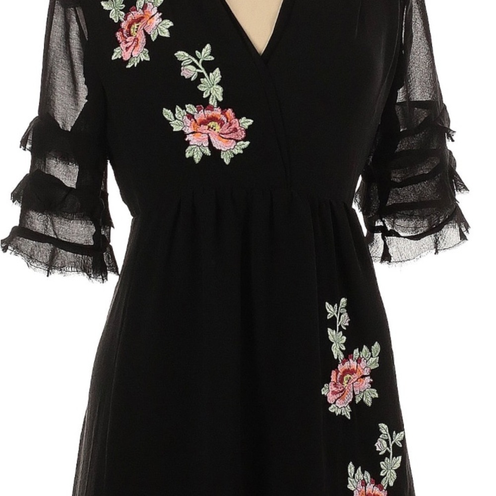 Topshop Black Mini Dress with Pink Floral Embroidery